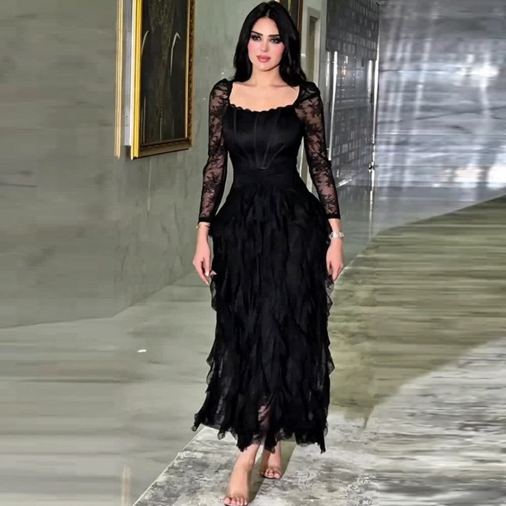 Forever 21 Elegant Square Neck Long-Sleeve Fitted Ruffle Hem Black Maxi Dress
